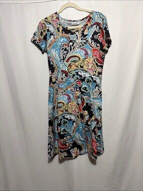 Huhot Paisley-Print Black Midi Dress with Blue & Gold Accents
